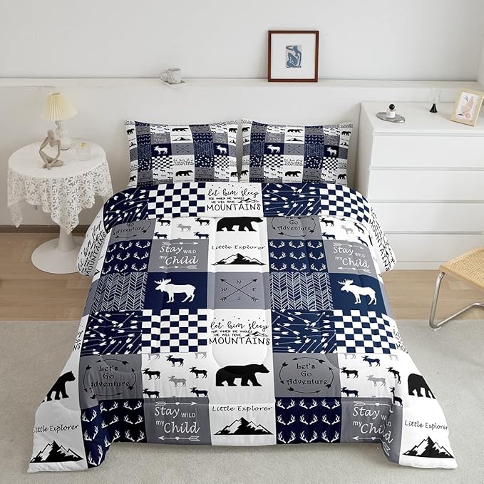Feelyou Deer Moose Print Comforter Set for Girls Women Teens Adult, Kids Boys Bear Hunting Bedding Set, Wild Animal Comforter Soft Quilt,Blue with 2 Pillowcases 3Pcs Bedding Queen Boys