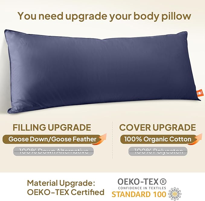 Goose Down Body Pillows for Adults, Large Body Pillow for Side Sleeper, Hugging Feather Body Pillow Insert, Cooling Full Length Long Pillow for Bed with 100% Organic Cotton Shell, Navy Blue 20"x60"