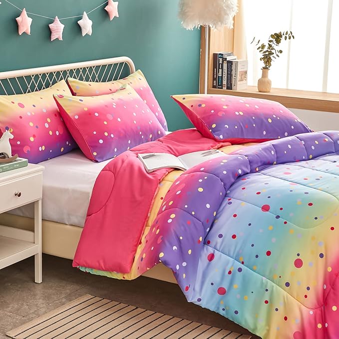 Yogeneg Colorful Polka Dots Kids Comforter Sets Twin Size for Teen Girl &Boys Women, Circles Printed Rainbow Comforter with Pillowcase, Microfiber 2 Piece Bedding Set,All Season (Rainbow C, Twin)