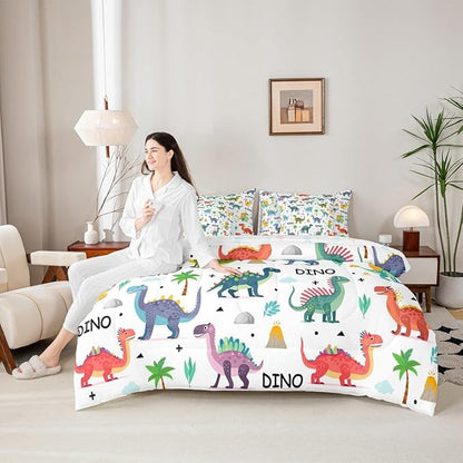 Feelyou Kids Cartoon Dinosaur 7 Piece Bedding Set Colorful Dinosaur Comforter Set with Sheets for Boys Girls Jungle Dino Bed in a Bag Animal Theme Bed Set Soft Lightweight