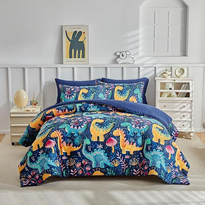 Kids Twin Comforter Set for Boys and Girls, 3pcs Dinosaur Comforter with 2 Pillowcases, Floral Dino Twin Bedding Set for Kids Teens Washable Super Soft Microfiber for All Season, Blue