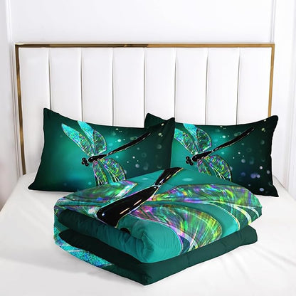 Dragonfly Queen Size Bedding Set for Kids Teens Adult, Colorful Dragonfly Comforter, Black Gradient Quilt Bedroom Decor