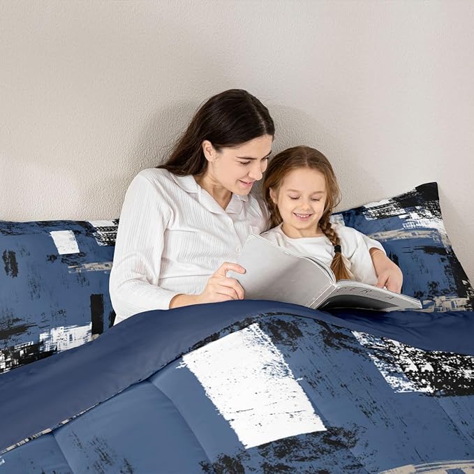 Feelyou Abstract Bedding Set Kids Modern Abstract Art Comforter Set Blue Black White Comforter for Boys Room Decor Lightweight Duvet Set King Size with 2 Pillow Case