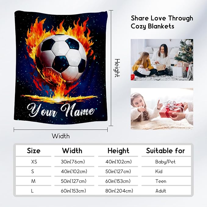 Personalized Soccer Blanket Gifts for Kids - Custom Soccer Gift for Boys 8-12, Sports Throw Blankets for Team Player Adults Men - Soft Plush Girls Throws for Couch, Office (Blue, 30x40 Inch)
