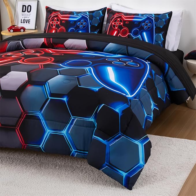 NTBED 3D Gaming Comforter Set for Boys Kids Teens,5pcs Gamer Bedding Sets with Sheet,Game Console Bed in a Bag (Red Blue, Full)