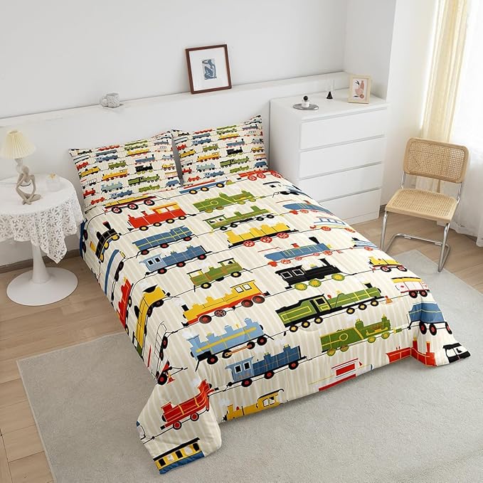 Erosebridal Kids Train Comforter Set - Toddler Size for Boys & Girls - Colorful Steam Engine Bedding Sets - Cartoon Train Transportation Locomotive Train Comforter with 1 Pillowcase, Beige