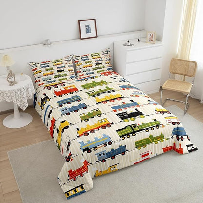 Erosebridal Kids Train Comforter Set - Toddler Size for Boys & Girls - Colorful Steam Engine Bedding Sets - Cartoon Train Transportation Locomotive Train Comforter with 1 Pillowcase, Beige