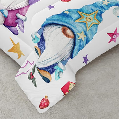 Christmas Kawaii Gnome Bedding Set for Kids Boys Girls, Rainbow Stars Pattern Xmas Santa Dwarf Comforter Set Twin Size, Colorful Quilt for Christmas Decorations