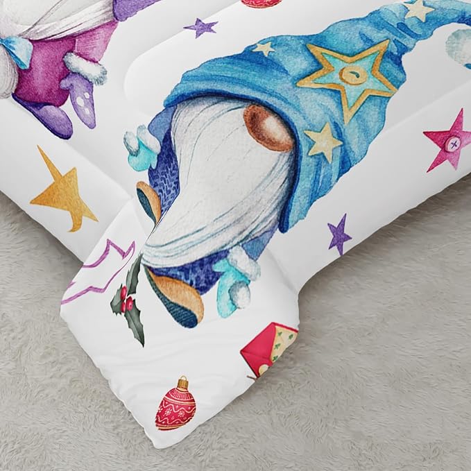 Christmas Kawaii Gnome Bedding Set for Kids Boys Girls, Rainbow Stars Pattern Xmas Santa Dwarf Comforter Set Full Size, Colorful Quilt for Christmas Decorations