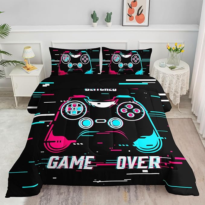 Kids Comforter Set Blue Pink Gamepad Printed Pattern Bedding Set with 1 Comforter and 2 Pillowcases for Girls Boys Bedroom All Season(Blue Pink Gamepad Twin)