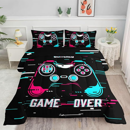 Kids Comforter Set Blue Pink Gamepad Printed Pattern Bedding Set with 1 Comforter and 2 Pillowcases for Girls Boys Bedroom All Season(Blue Pink Gamepad Full)