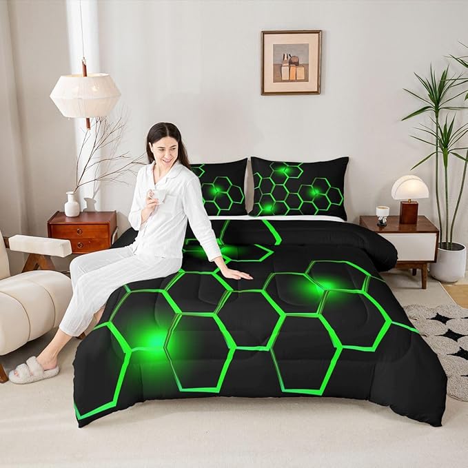Feelyou Honeycomb Kids Comforter Set Modern Hexagon Bedding Set for Boys Children Teens Bedroom Decor Geometrical Comforter Beehive Geometric Black Green Duvet Set Queen Size with 3 Pillow Case