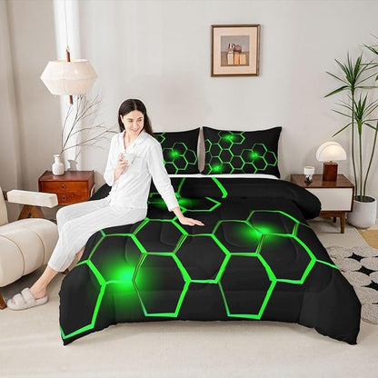 Feelyou Honeycomb Kids Comforter Set Modern Hexagon Bedding Set for Boys Children Teens Bedroom Decor Geometrical Comforter Beehive Geometric Black Green Duvet Set Queen Size with 3 Pillow Case