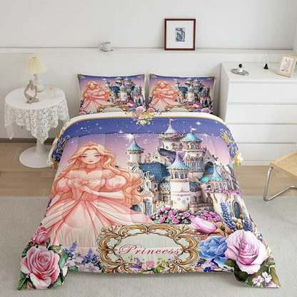 Pretty Princess Full Size Comforter Set,Dreamy Castle Cartoon Fairy Tale Reversible Bedding Set Bedroom Collection,Colorful Floral Starry Galaxy Soft Quilted Duvet for Girls Teens