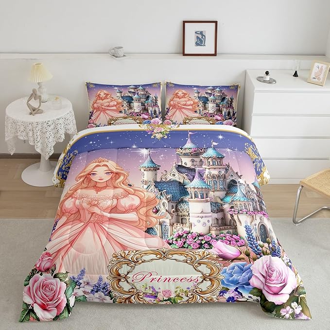 Pretty Princess Kids Comforter Set Toddler Size,Dreamy Castle Cartoon Fairy Tale Reversible Quilt Set for Boys Bedroom Decor,Colorful Floral Starry Galaxy Duvet Insert,1 Pillowcase