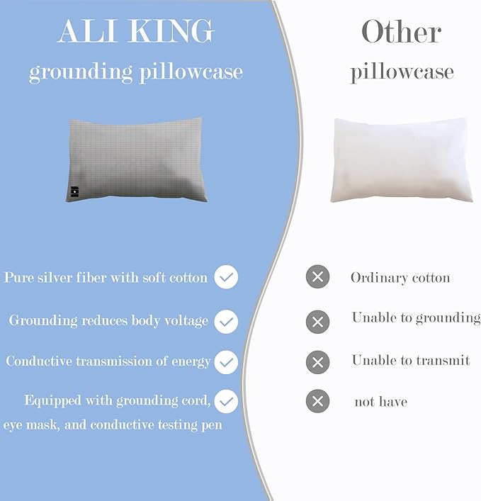 Ali King Grounding Pillowcase, 5% Conductive Silver + 95% Soft Cotton King Size Earth Grounding Pillow Cases with Grounding Cord for Improve Sleep (Light Grey, King (20x36inches))