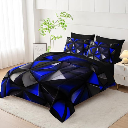Geometric Twin Comforter Set,Blue Black Honeycomb Bedding Set 7 Piece with Comforter Fitted Sheet Flat Sheet Pillowcases,Bed Sets Geometry Decor,Microfiber Lightweight All Season.