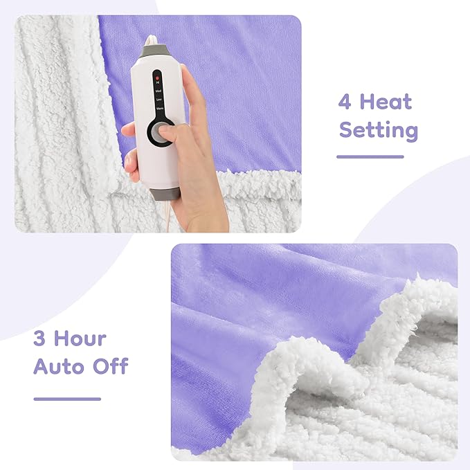 Electric Heated Blanket Throw Size - 50"x60", Soft Flannel Heating Blanket, 4 Heating Levels, 3 H Auto Shut Off, Breathable Warm and Washable for Sofa, Light Purple