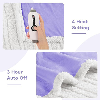 Electric Heated Blanket Throw Size - 50"x60", Soft Flannel Heating Blanket, 4 Heating Levels, 3 H Auto Shut Off, Breathable Warm and Washable for Sofa, Light Purple
