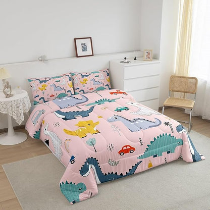 Cute Dino Kids Comforter Set Queen Size,Cartoon Cars Dinosaur Rainbow Print Bedding Set for Women Adult,Kawaii Animal Vehicle Drawn Pink Luxury Bed Duvet Insert, 2 Pillowcases