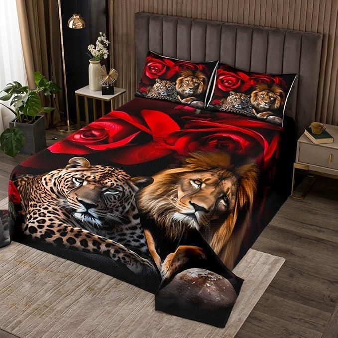 Feelyou Lion Tiger Quilt Set Coverlet Girls Women Rose Floral Wild Animal Bedspread for Kids Teens Room Decor Romantic Flower Safari Print Quilt Sets Wildlife Coverlet Set 3Pcs King Size
