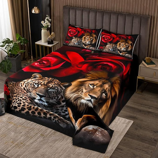 Feelyou Lion Tiger Quilt Set Coverlet Girls Women Rose Floral Wild Animal Bedspread for Kids Teens Room Decor Romantic Flower Safari Print Quilt Sets Wildlife Coverlet Set 3Pcs King Size