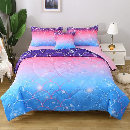 6Pcs Meimaid Scale Comforter Set with Sheets for Teens Girls Kids, Colorful Gradient Glitter Themed Bed in a Bag Twin Size, Pink Blue 3D Sparkly Scale Bedroom Decor Bedding Set