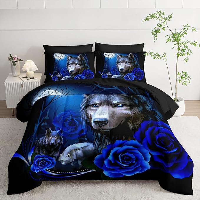 Wolf Comforter Set 7 Piece King Size Bed in A Bag,Animal Bedding for Room Decor,Soft Wolf Comforter Blue Rose Bedding with Fitted Sheet,Flat Sheet, Pillowcases & Shams
