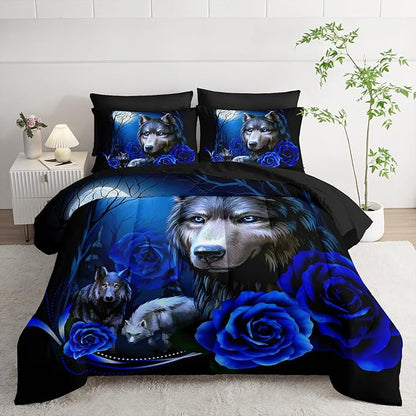 Wolf Comforter Set 7 Piece King Size Bed in A Bag,Animal Bedding for Room Decor,Soft Wolf Comforter Blue Rose Bedding with Fitted Sheet,Flat Sheet, Pillowcases & Shams