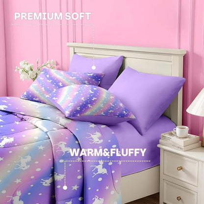 Nesker 7 Pcs Comforter Set Full Size, Purple Colorful Bedding for Kids Teen, Unicorn Rainbow Starwith Fitted Sheet 2 Pillowcases & 2 Shams for Bedroom Bed Decor