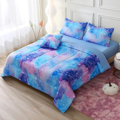 Galaxy Constellation Print Comforter Set Full Size Girls Gradient Bedding Set,6 Piece Bed in a Bag with Sheet Bedding Gift for Kids(Blue)