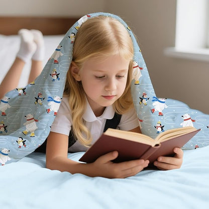 Twin Comforter Set for Kids, Boys, Girls, 4 Pieces Bed-in-a-Bag Bedding Set, All Season Ultra Soft Sheets Set with Comforter, Penguin Skiing