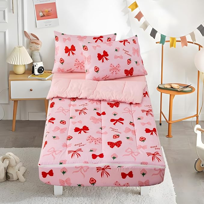 Holawakaka Kids Zipper Bedding Bow Comforter Set, Girls Women Twin Size Strawberry Bowknot Print Zippered Bed Sets, Child Cartoon Dorm Zip Bedding