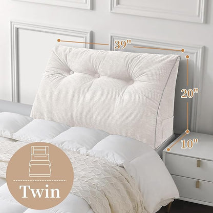 Sasttie Headboard Pillow Twin/Twin XL, Wedge Pillow Headboard for Dorm, Triangular Daybed Backrest Cushion for Sitting or Reading in Bed, with Removable Washable Cover, White