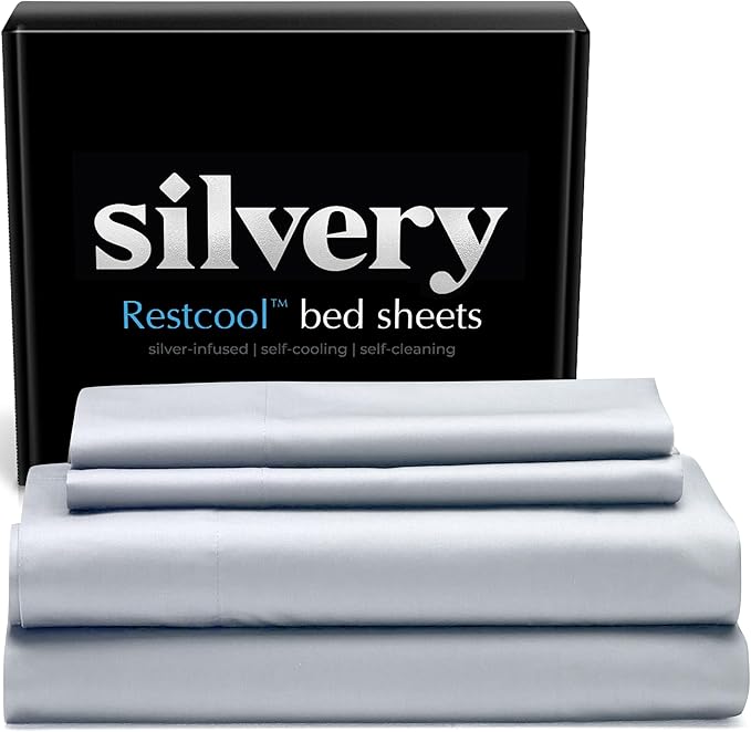 Silvery Restcool™ Silver Infused Bed Sheets Set - Award-Winning Self-Cooling Fabric for Hot Sleepers with Self-Cleaning Silvery Technology™ That Stays Fresh 3X Longer (Gray, Split King)
