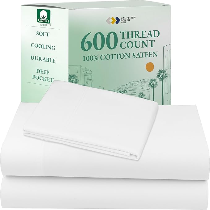 California Design Den Deep Pocket Twin Sheets Set - Luxury 600 Thread Count 100% Cotton Sateen, Twin Sheet Set with All Around Elastic for a Snug Fit, Hotel Quality Bedding - White