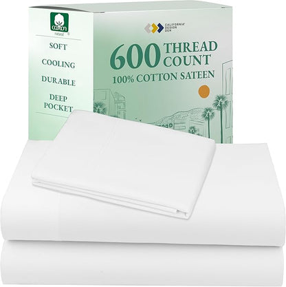 California Design Den XL Twin Sheets Set - Luxury 600 Thread Count 100% Cotton Sateen, Twin XL Sheet Set with All Around Elastic for a Snug Fit, Hotel Quality Bedding - White