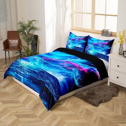 Castle Fairy 3D Whale Blue Galaxy Duvet Cover Set Twin Size, Starry Stars Universe Nebula Comforter Cover for Kids Boys Bedroom, Ocean Theme Sea Creatures Bedding Sets with 1 Pillow Sham, Dark Night