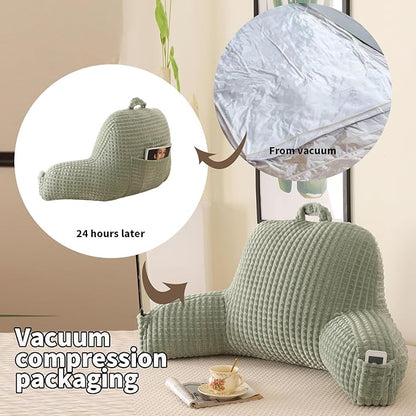 Reading Pillow for Sitting in Bed, Large Backrest Reading Pillow with Arm Rest,Back-Rest Support Cushion for Sit Up on Couch, Sofa, and Floor, Dorm Essentials (Green Flannel, Standard(17inch))