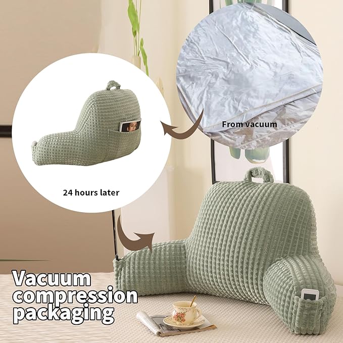 Reading Pillow for Sitting in Bed, Large Backrest Reading Pillow with Arm Rest,Back-Rest Support Cushion for Sit Up on Couch, Sofa, and Floor, Dorm Essentials (Green Flannel, Large(19"))