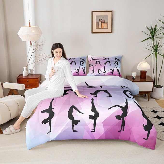Gymnastics Bedding Set Full Size,Dancing Lover Silhouette Comforter Set 3pcs for Kids Girls Woman Gymnast Room Decor,Cheerleading Sports Quilt Set Pink White Duvet Insert with 2 Pillowcases