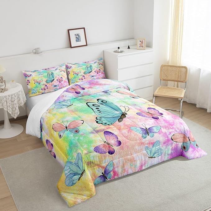 Feelyou Butterfly Comforter Set Tie Dye Flying Butterflies Theme Bedding Set for Kids Boys Girls Teens Rainbow Watercolor Decor Comforter Colorful Quilt Set Room 3Pcs King Size