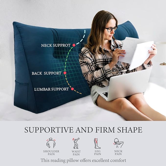 Triangle Headboard Pillow - 3 in 1 Large Bed Pillow as Wedge Reading Pillow, Large Couch Daybed Pillow or Positioning Support Backrest Back Cushion for Sitting in Bed Velvet King Deep Blue
