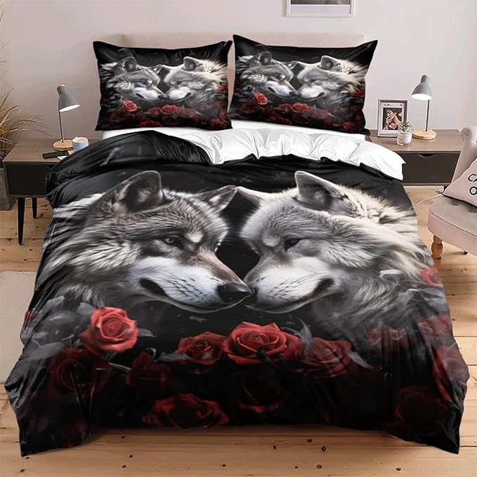 3D Printed Wolf Duvet Cover for Adult Kids Boys Girls Bedroom Indian Dream Catcher Animal Wolf Full Size Comforter Cover Wolves Couple Black Bedding Set,Full