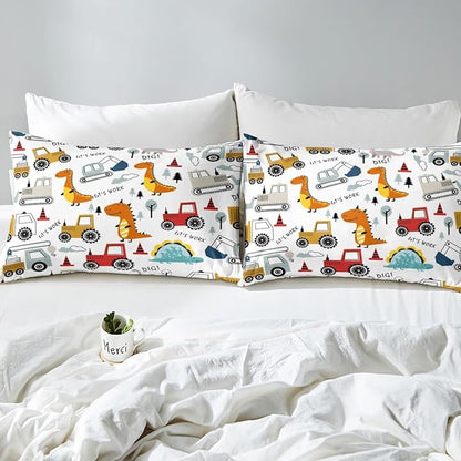 Feelyou Construction Comforter Set Kids Cartoon Dinosaur Comforter Cover Set for Boys Equipment Trucks Bedding Set Construction Vehicles Kawaii Jungle Dino Duvet Set Room Decor Twin With 1 Pillow Case