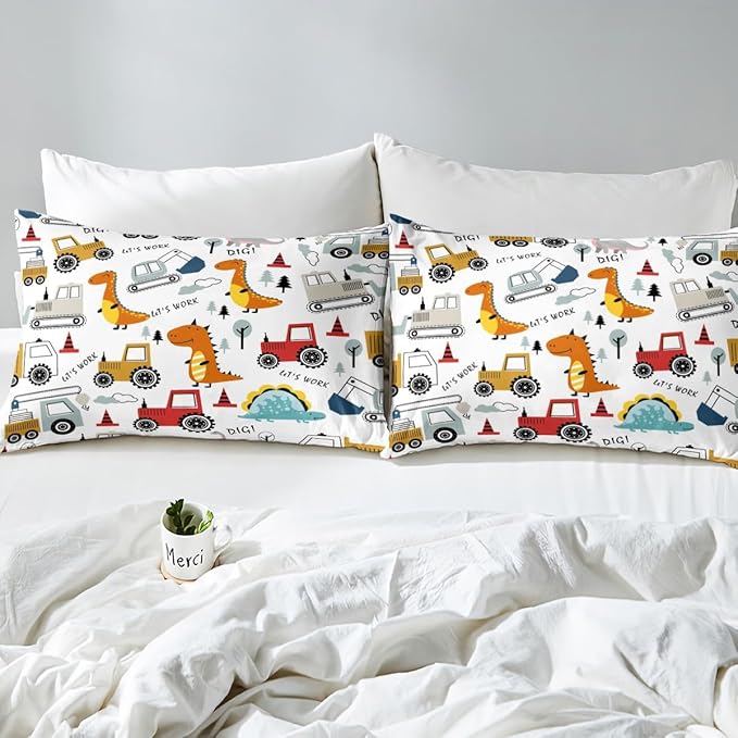 Feelyou Construction Comforter Set Kids Cartoon Dinosaur Comforter Cover Set for Boys Equipment Trucks Bedding Set Construction Vehicles Kawaii Jungle Dino Duvet Set Room Decor Quilt Set Queen Size