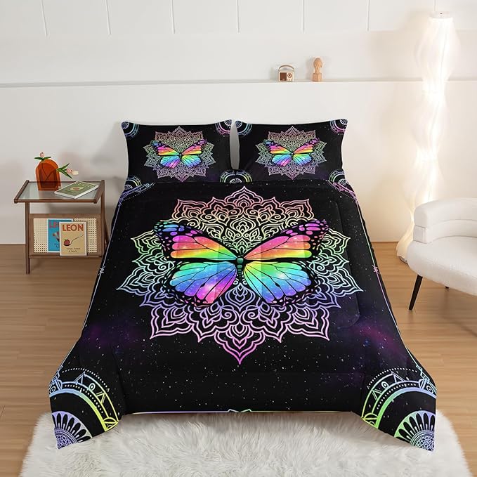 HOSIMA Butterfly Bedding for Girls,Mandala Bed in a Bag Queen Comforter Set - Colorful Butterfly Design,Galaxy Bedding Set for Beds,Microfiber Star Comforter with 2 Pillowcases,Dorm Room Essentials.