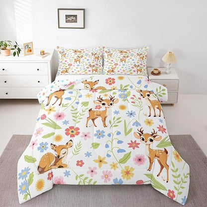 jejeloiu Cute Sika Deer Bedding Set Queen Size Cute Flower Comforter Set for Kids Adult Boys Girls Cartoon Animal Duvet Set Colorful Quilt Set 3Pcs