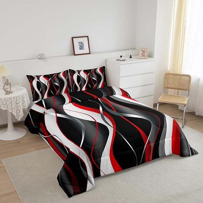 Feelyou Red Grey Black Comforter Set Geometric Spiral Pattern Duvet Set for Kids Boys Girl Modern Abstract Inner Fill Bedding Set Grey White Comforter 1 Comforter Set with 2 Pillowcases Full Size
