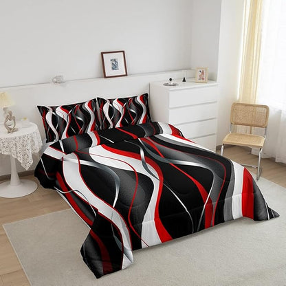 Feelyou Red Grey Black Comforter Set Geometric Spiral Pattern Duvet Set for Kids Boys Girl Modern Abstract Inner Fill Bedding Set Grey White Comforter 1 Comforter Set with 2 Pillowcases Queen Size